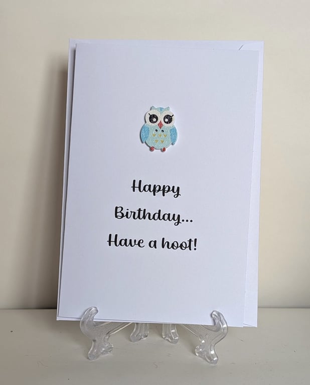 Happy birthday have a hoot greeting card with wooden owl button