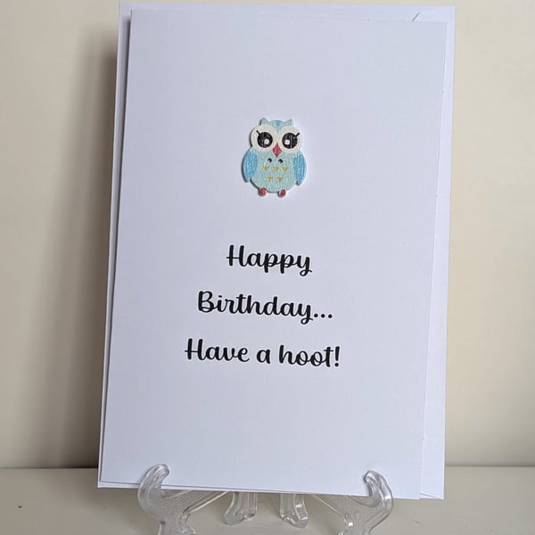 Happy birthday have a hoot greeting card with wooden owl button