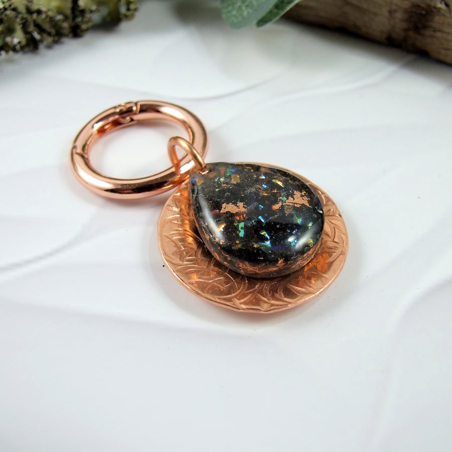 Keyring,  Copper, Crushed Dichroic Glass in Resin Bag Charm 