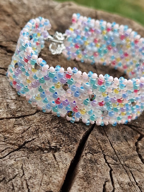 Pretty candy colours glittering adjustable cuff beaded bracelet