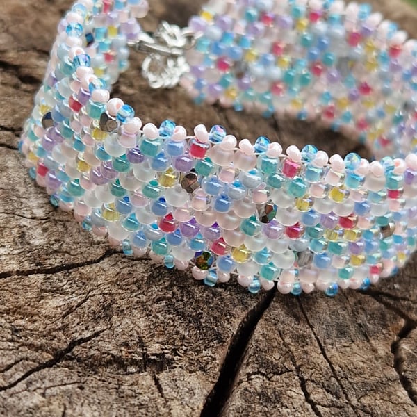 Pretty candy colours glittering adjustable cuff beaded bracelet