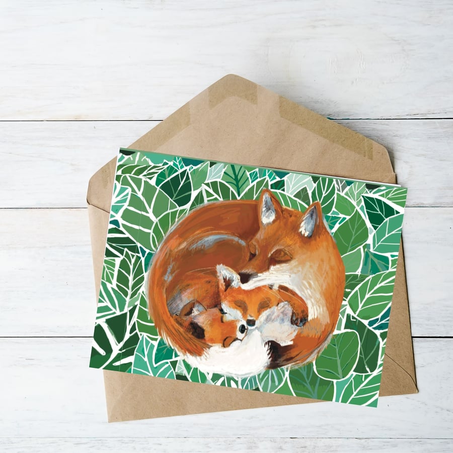 Fox card, fox cubs, fox illustration, wildlife card