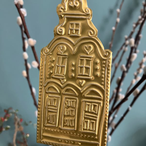 Christmas Hand Drawn Tin Gold Dutch Town House 