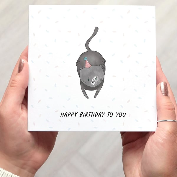 Cat Birthday Card, square birthday card with a cute cat illustration
