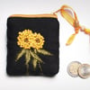 Back linen coin purse with hand embroidered clover