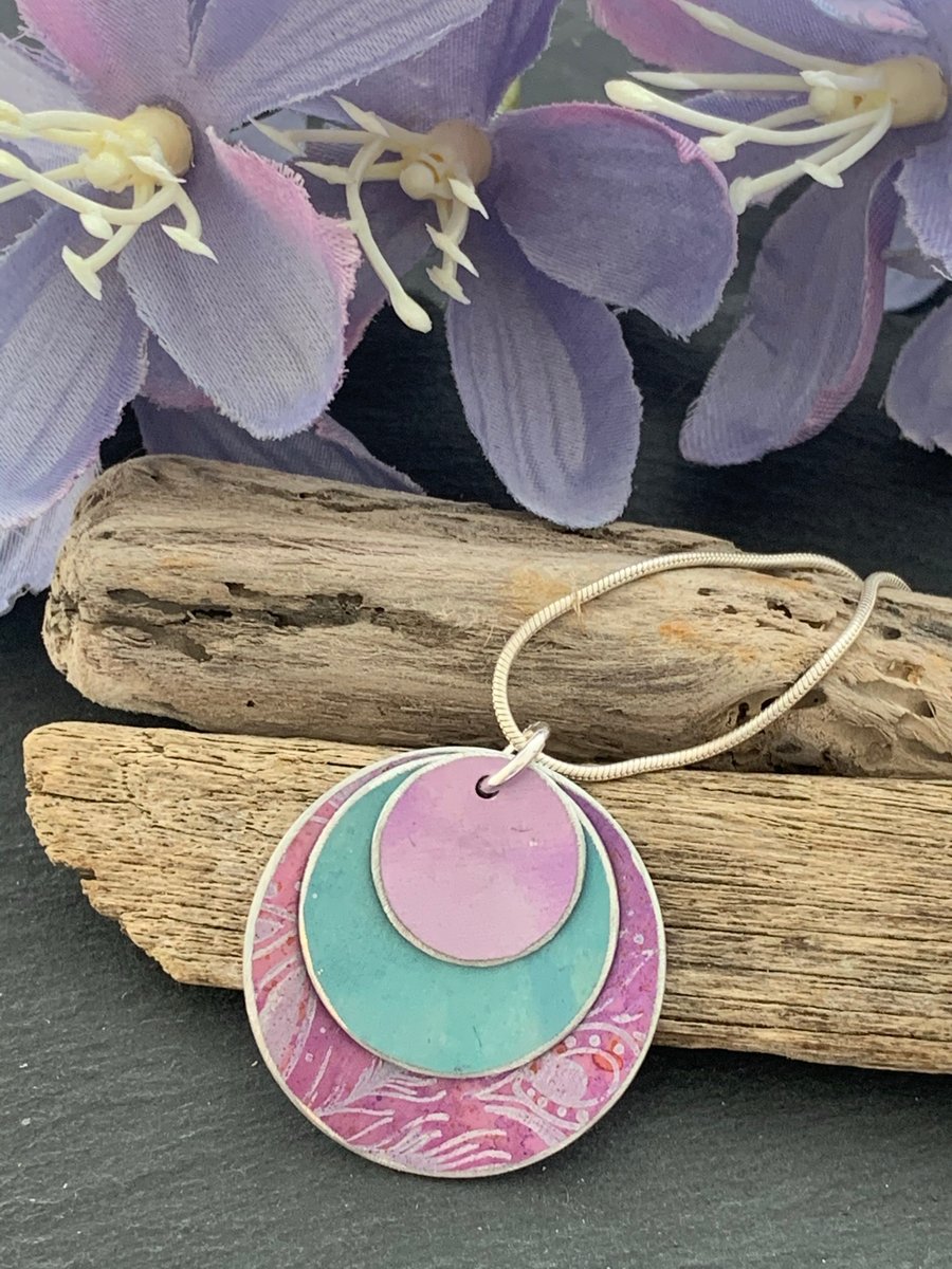 Water colour collection - hand painted aluminium pendant, pale teal and lilac