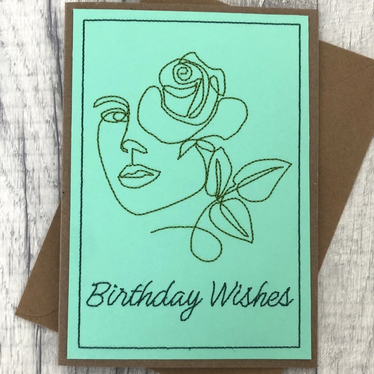 Birthday Wishes Card Ladies Face & Rose 5x7 Embroidered Kraft Card Homemade