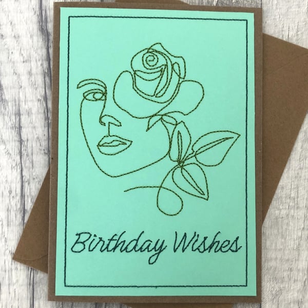 Birthday Wishes Card Ladies Face & Rose 5x7 Embroidered Kraft Card Homemade