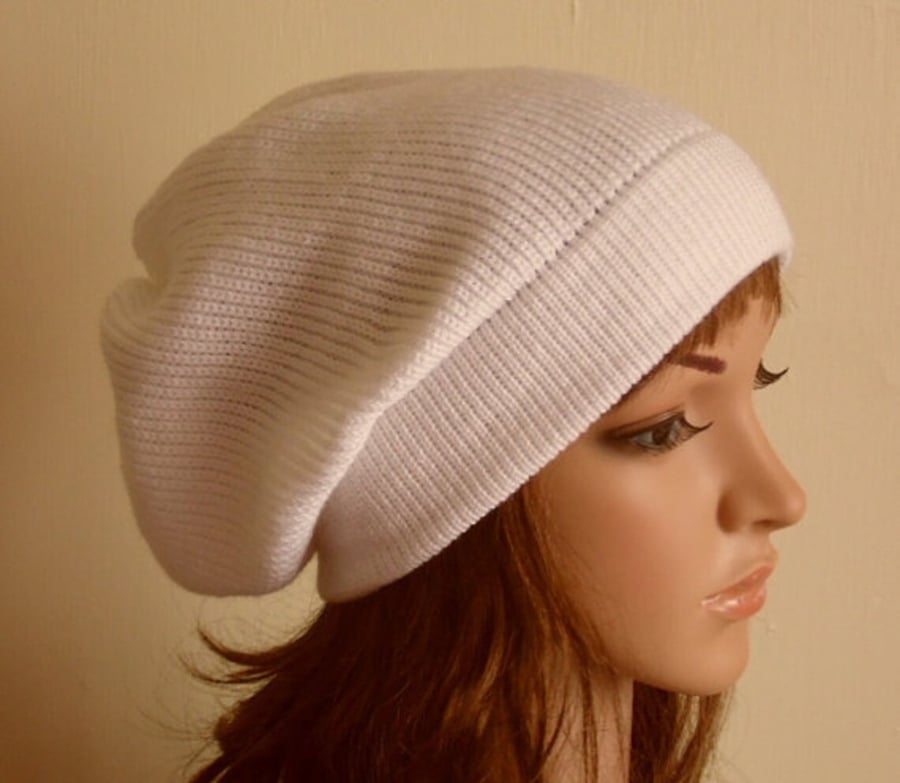 Handmade white beanie, knitted slouchy beanie, fall hat for women
