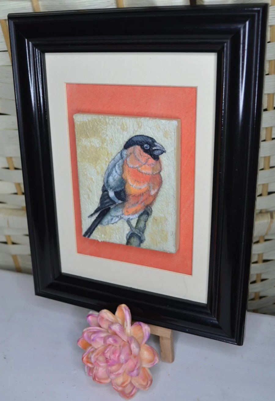 Bullfinch painting on canvas, bird art, bird lover gifts.