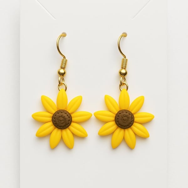 Handmade Polymer Clay Sunflower Dangle Earrings, Colourful Boho Jewellery