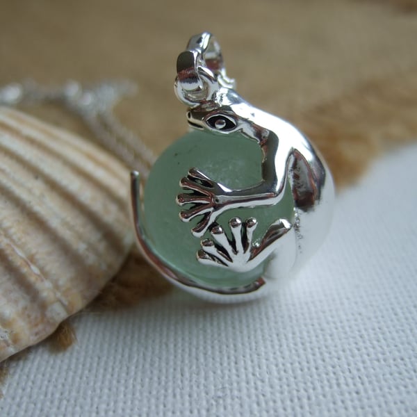 Sea glass marble gecko necklace, silver plated lizard pendant, unique gift