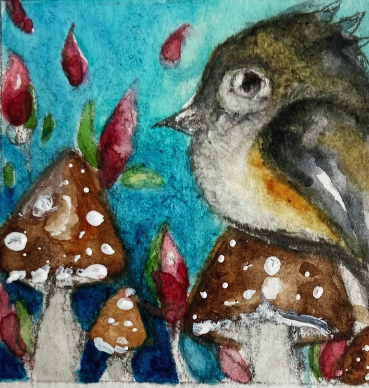 ACEO Original Bird with Mushrooms Watercolour 