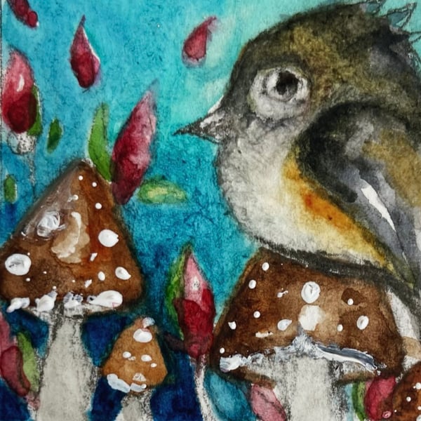 ACEO Original Bird with Mushrooms Watercolour 