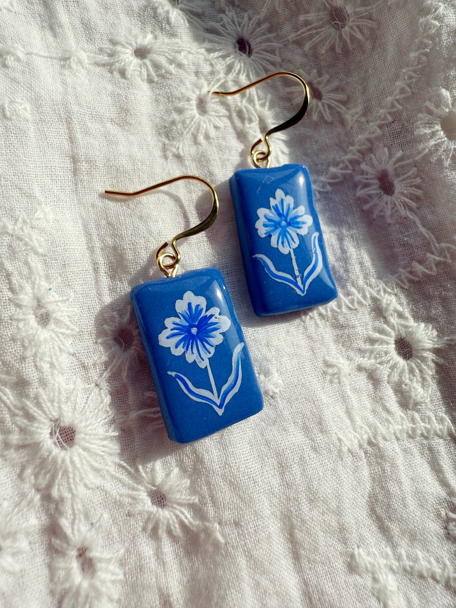 Blue Floral Earrings with 18K Gold Plated Hooks – Hand Painted Botanical Jewelr