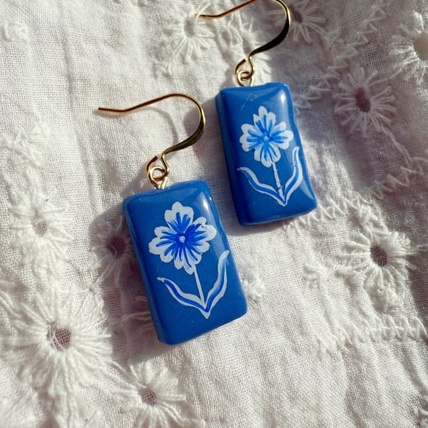 Blue Floral Earrings with 18K Gold Plated Hooks – Hand Painted Botanical Jewelr