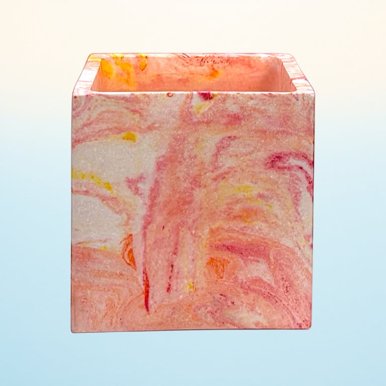 Sunrise Coloured Plant Pot Cube - Red Orange and Yellow Marbled Planter  (CPP13)