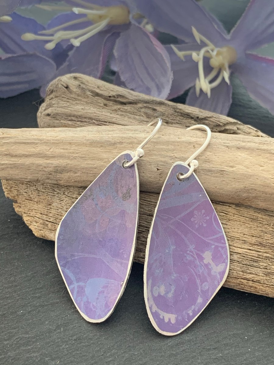 Printed Aluminium and sterling silver earrings - lilac print