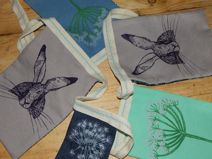 Hare and wild flower screen printed bunting - just under 2 metres