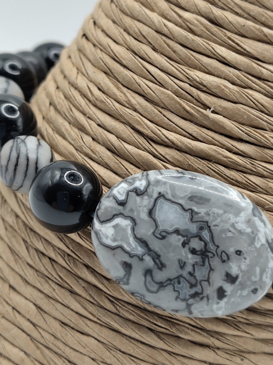 AZUL. Netstone, Black Agate and Crazylace Agate Stone Bracelet by BDS.