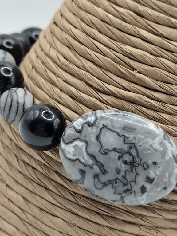 AZUL. Netstone, Black Agate and Crazylace Agate Stone Bracelet by BDS.