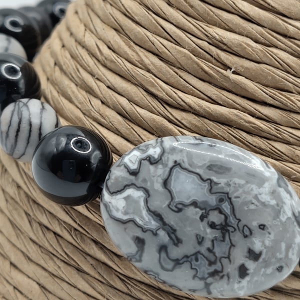 AZUL. Netstone, Black Agate and Crazylace Agate Stone Bracelet by BDS.