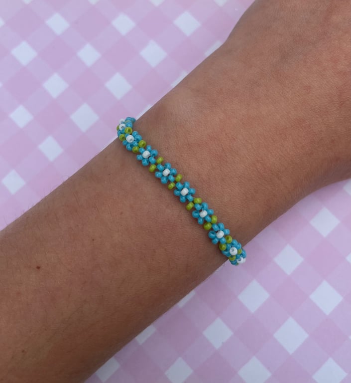 Light Blue Flower Seed Bead Bracelet