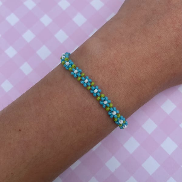 Light Blue Flower Seed Bead Bracelet