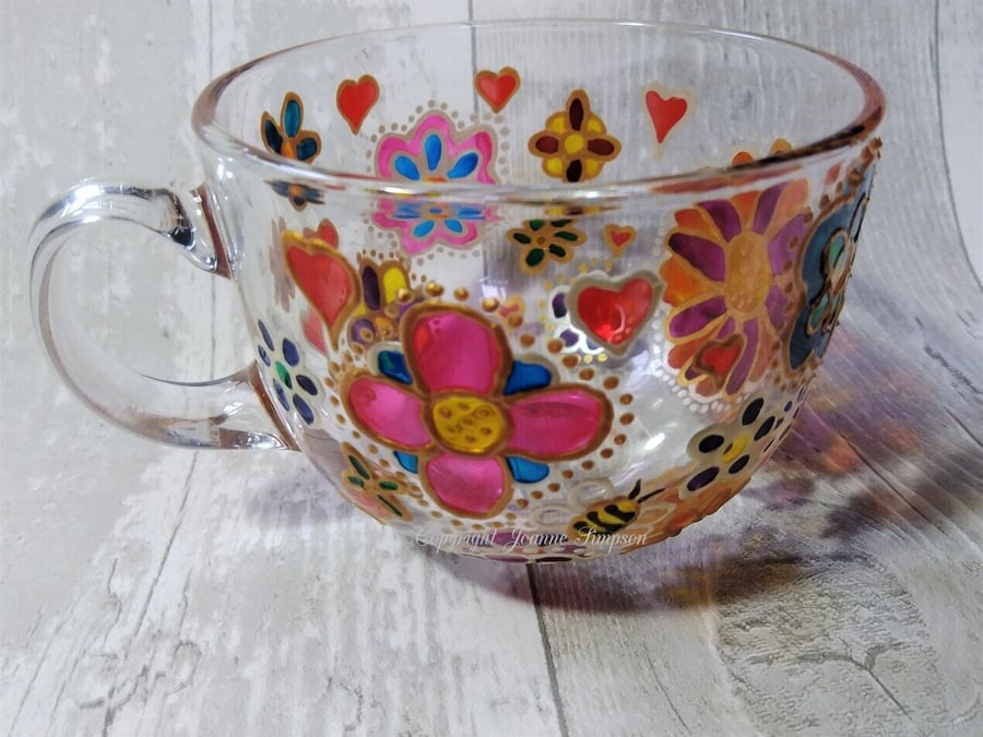 Hand painted 'Flower Power' glass mug, cup. Mother's Day, Mum gift. Birthday 