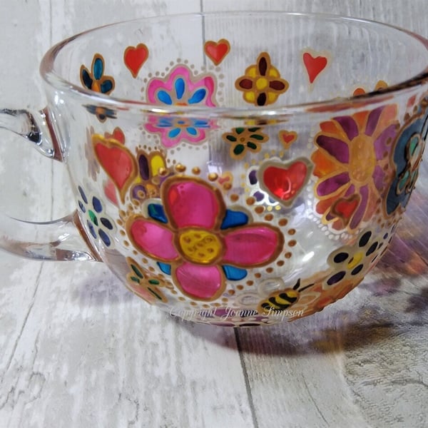 Hand painted 'Flower Power' glass mug, cup. Mother's Day, Mum gift. Birthday 