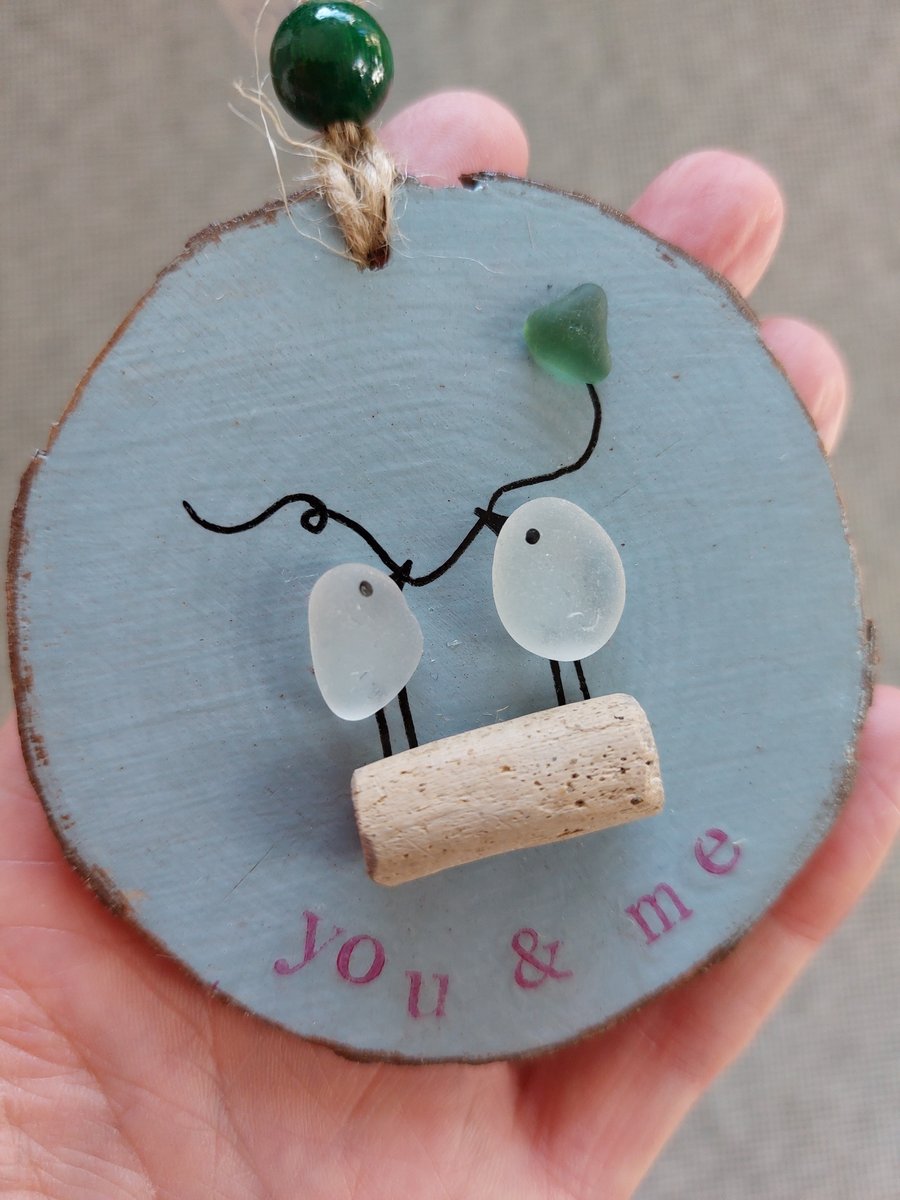 Sea Glass Art Picture - Hanging Decoration, You & Me, Heart Balloon, Cute Gift