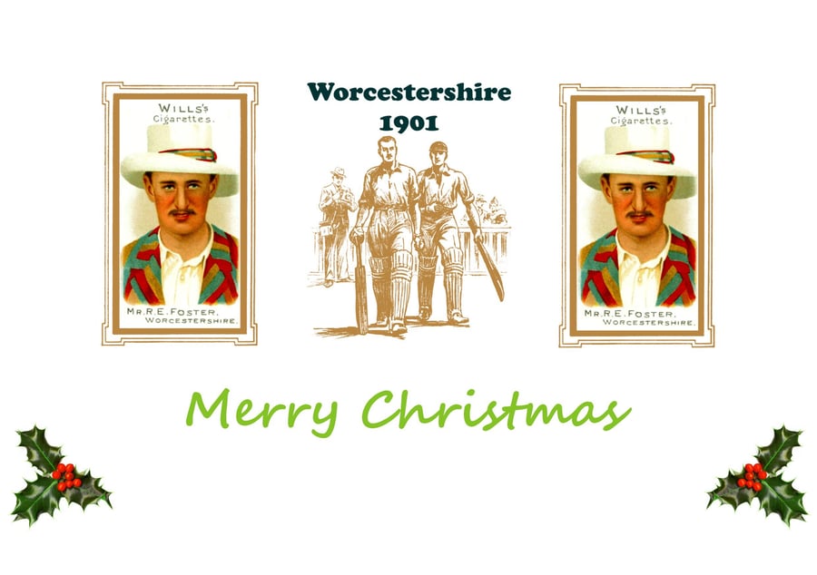 Christmas card cricket vintage 1901 design. Worcestershire, Worcs,  FREE UK P&P