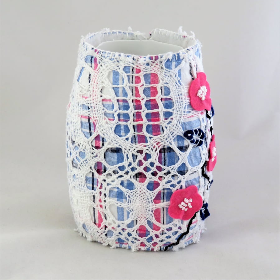 Lace Cherry Blossom Vase from vintage lace and felt flowers