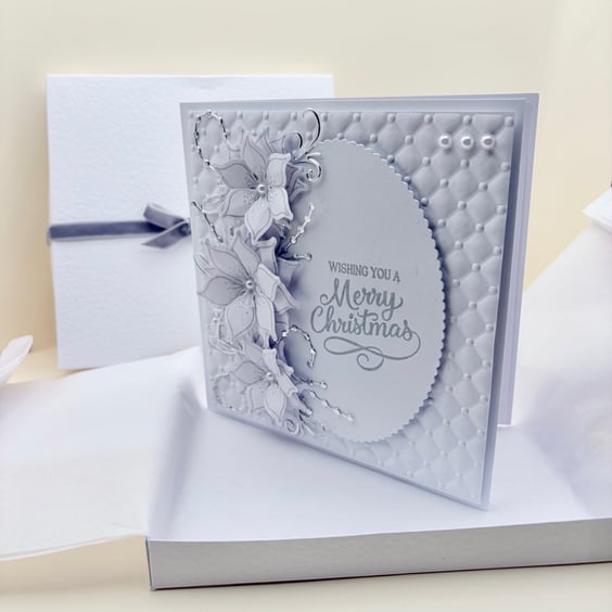 Christmas Card - Luxury Handmade Boxed Card -White Poinsettia - Merry Christmas 
