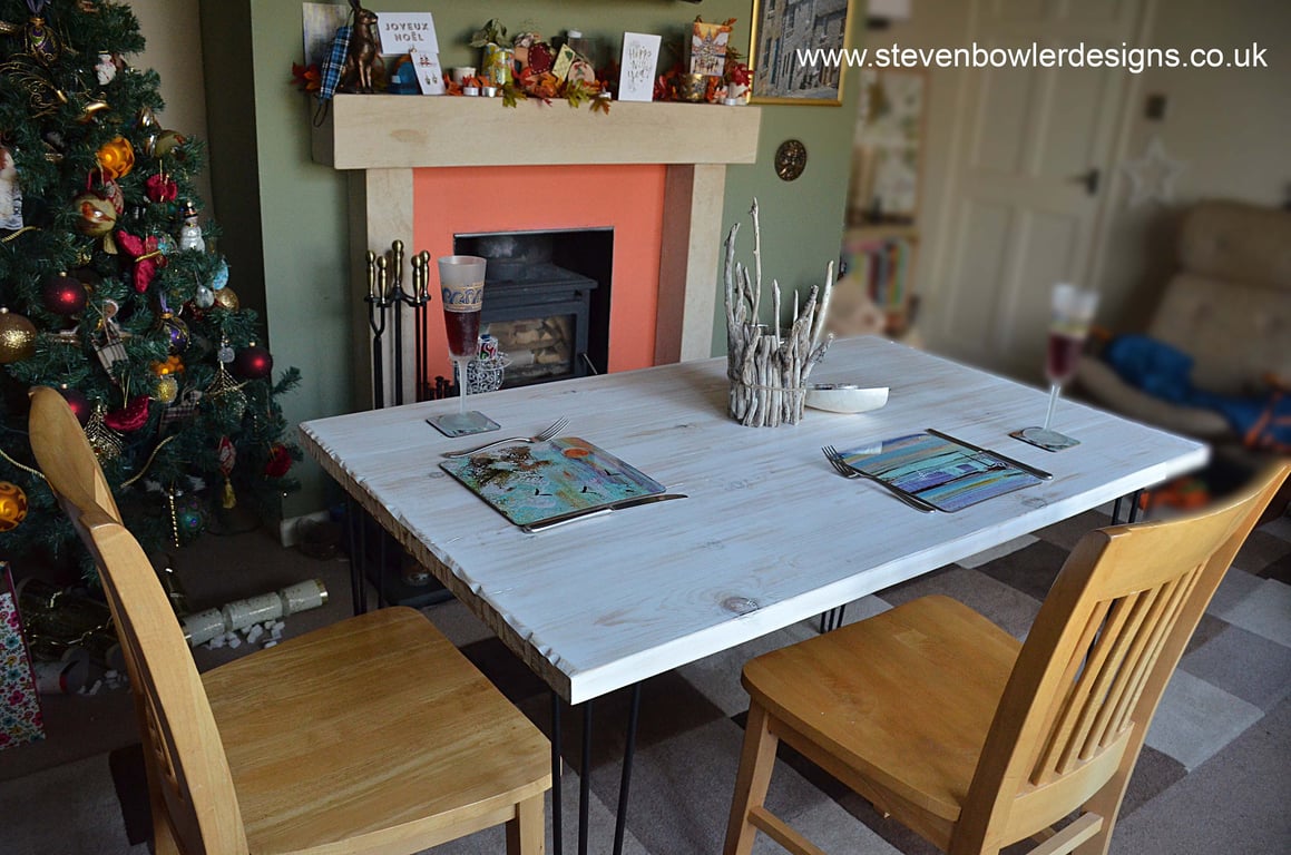 Coastal Dining Table White Driftwood Effect with Black Metal Hair Pin Legs