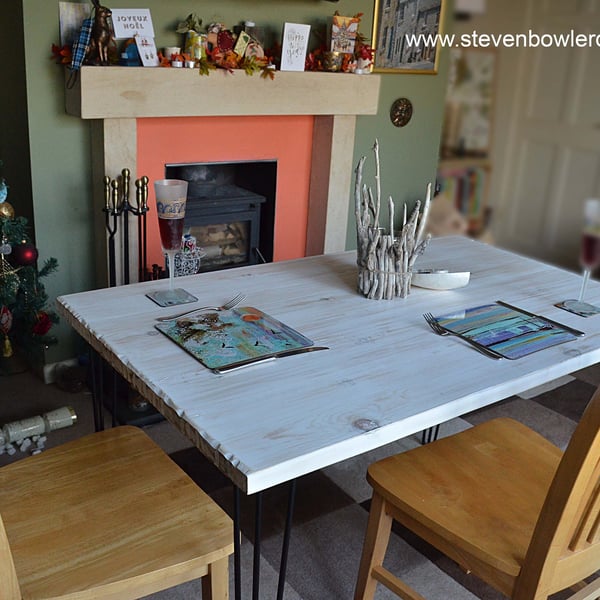 Coastal Dining Table White Driftwood Effect with Black Metal Hair Pin Legs
