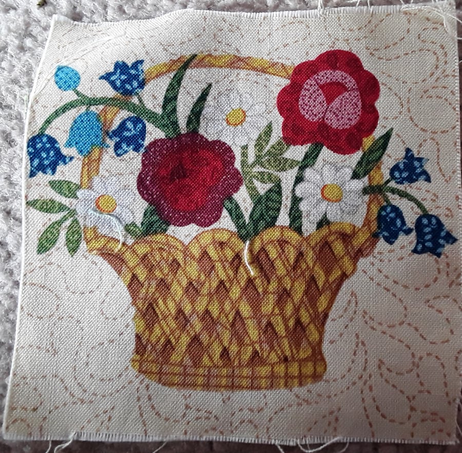 Basket of flowers. 100% cotton fabric squares