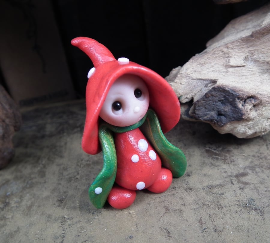 Tiny Toadstool Gnome with fly agaric robes 'Bea' OOAK Sculpt by Ann Galvin