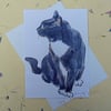 Black and White Cat Blank Greeting Card From my Original Watercolour Painting