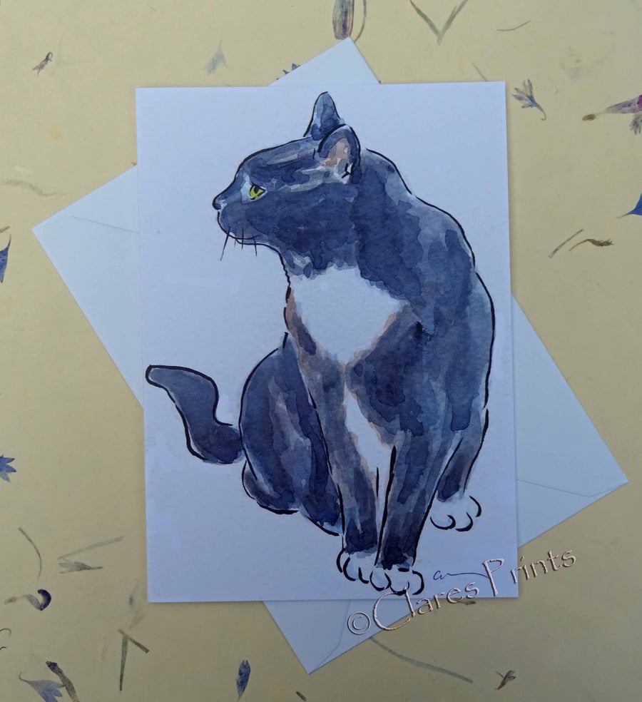 Black and White Cat Blank Greeting Card From my Original Watercolour Painting