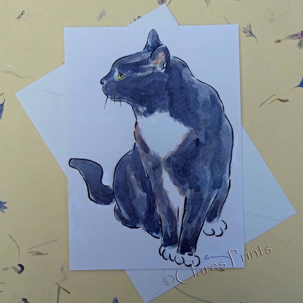 Black and White Cat Blank Greeting Card From my Original Watercolour Painting