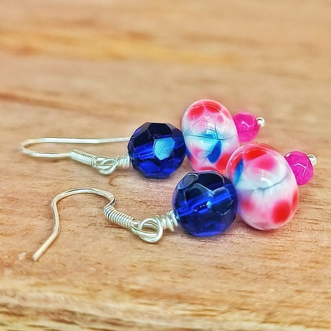 Artisan Pink Blue Lampwork Sterling Silver earrings