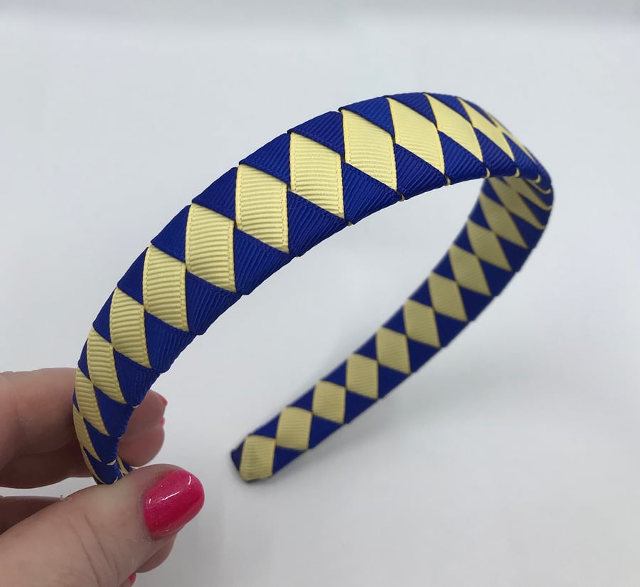 Cobalt Blue and Pale Yellow Diamond Pleated Hairband