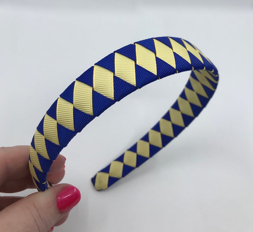 Cobalt Blue and Pale Yellow Diamond Pleated Hairband