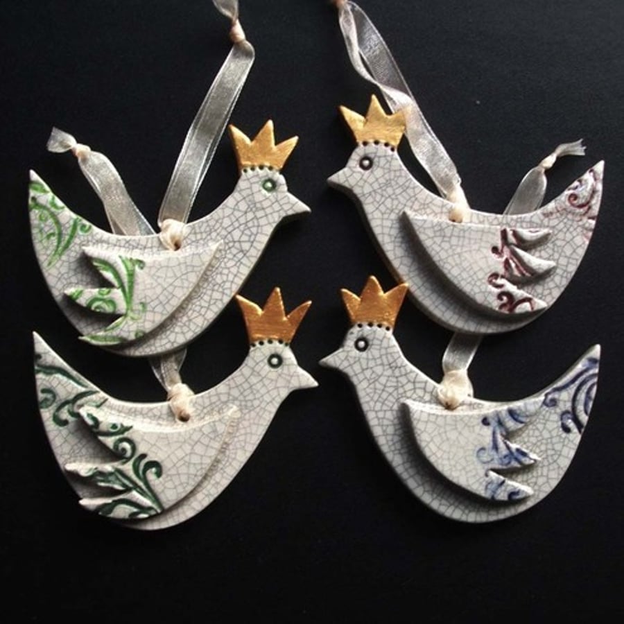Set of four Xmas bird decorations