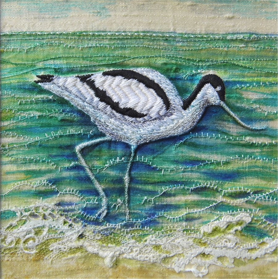 Avocet - Original Embroidery Collage
