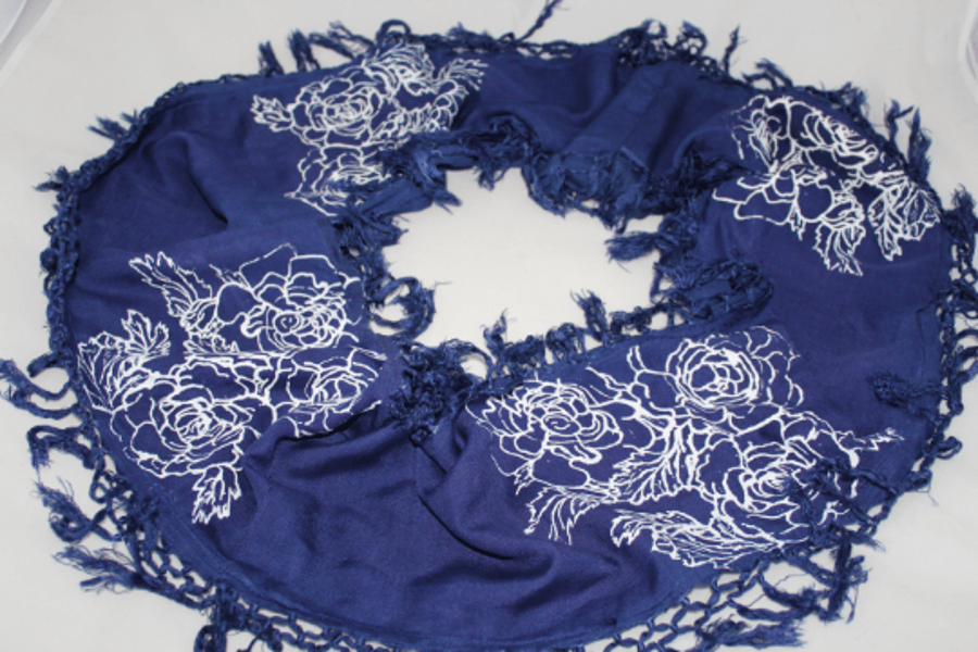 Blue and white tasseled rose print infinity scarf,Sunday Seconds,Eco scarf.