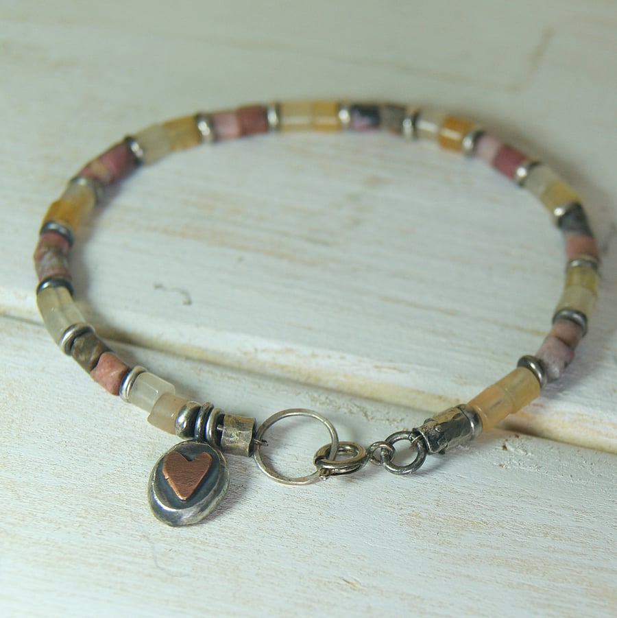 Heart Charm Bracelet, Rhodonite and Butter Jade Bracelet