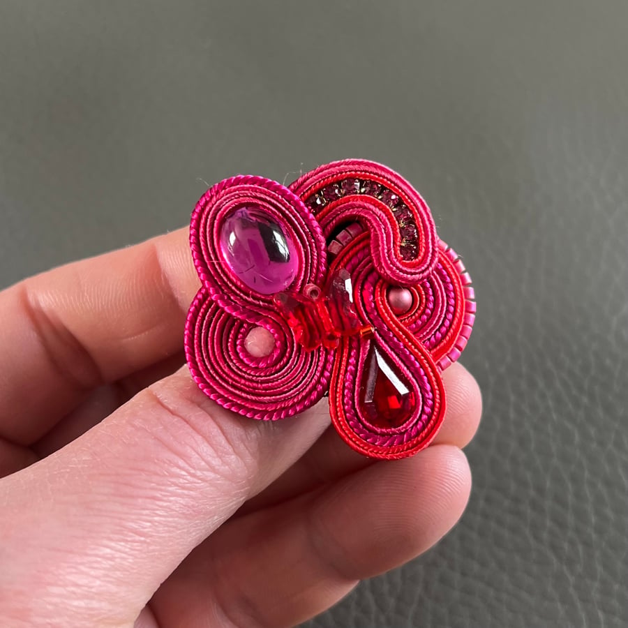 Red Soutache Ring with Vintage Swarovski Crystals – Bold Handmade Jewellery 