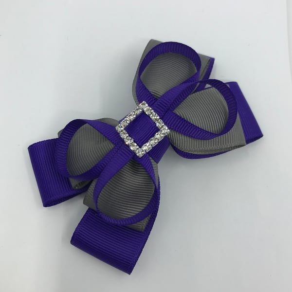 Purple and Grey Double Layer Bow with Purple Loops on Clip